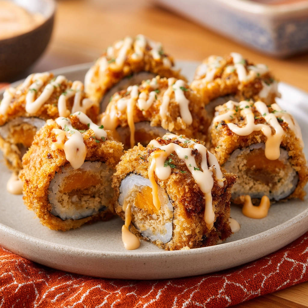 Crispy fried sushi rolls cross-section drizzled with spicy mayo and garnished with fresh herbs.