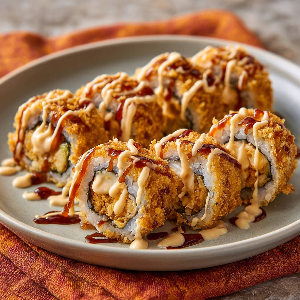 Crispy fried sushi rolls drizzled with spicy mayo and eel sauce, showcasing their golden-brown coating and creamy filling.