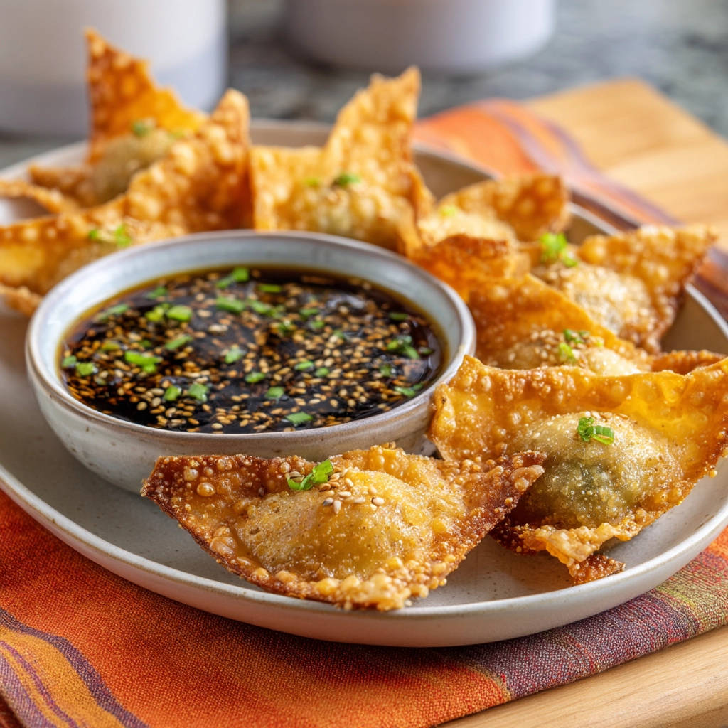 Crispy fried wontons plated with a sesame seed and scallion dipping sauce, showcasing their golden-brown exterior.