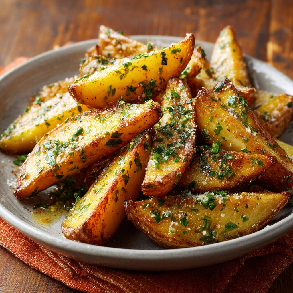 Crispy garlic parmesan potato wedges piled high on a grey plate, sprinkled with fresh parsley.