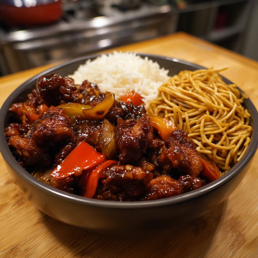 Crispy glazed chicken in a bowl with rice and noodles, viewed from the side.