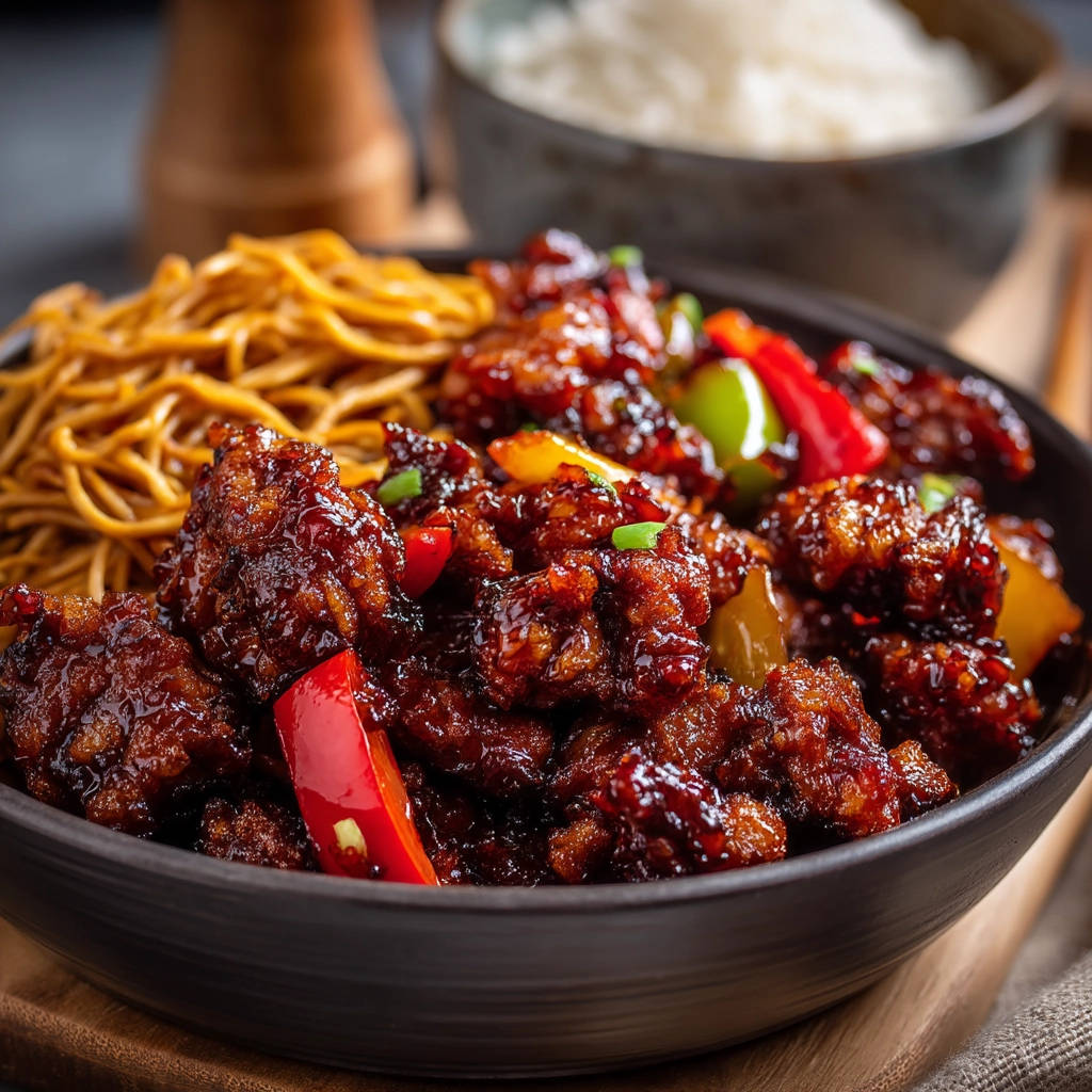 Crispy glazed chicken in a bowl with noodles and bell peppers, presented in a close-up view.