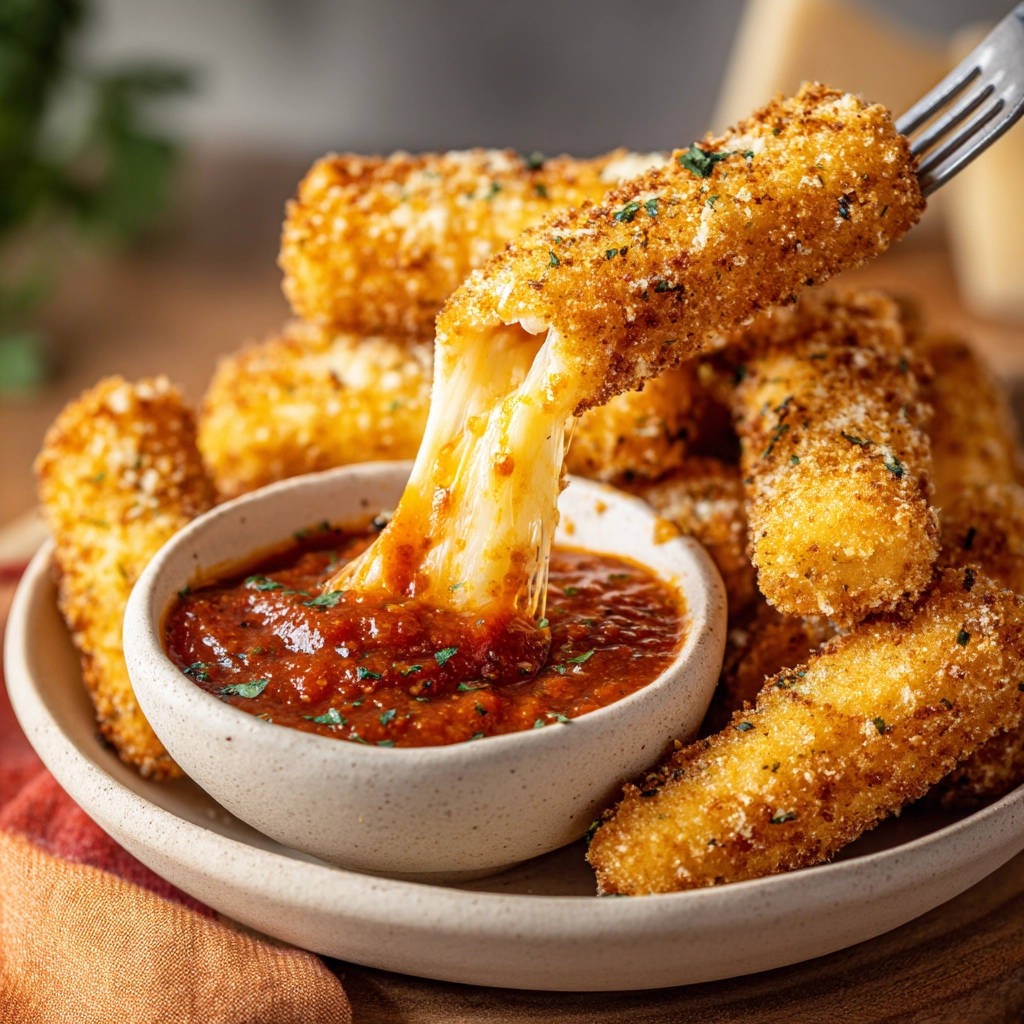 Crispy mozzarella sticks with a dramatic cheese pull as one is dipped into marinara sauce.
