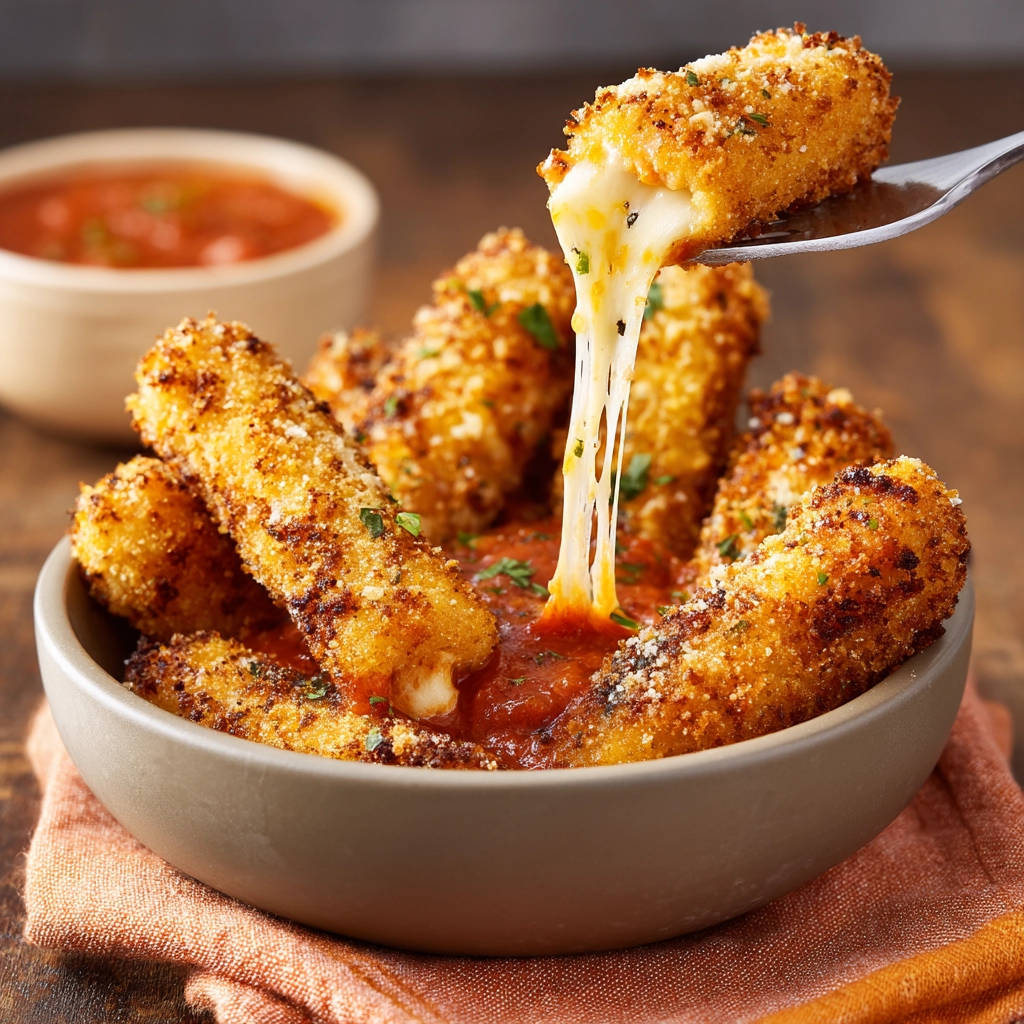 Crispy mozzarella sticks with a gooey cheese pull being lifted from a bowl of marinara sauce.