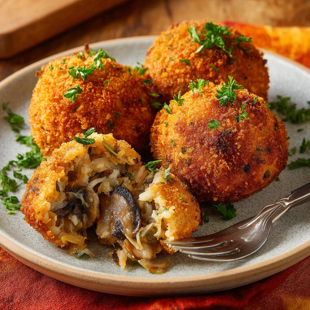 Crispy mushroom rice balls, one is cut open to reveal the savory mushroom and rice filling inside.
