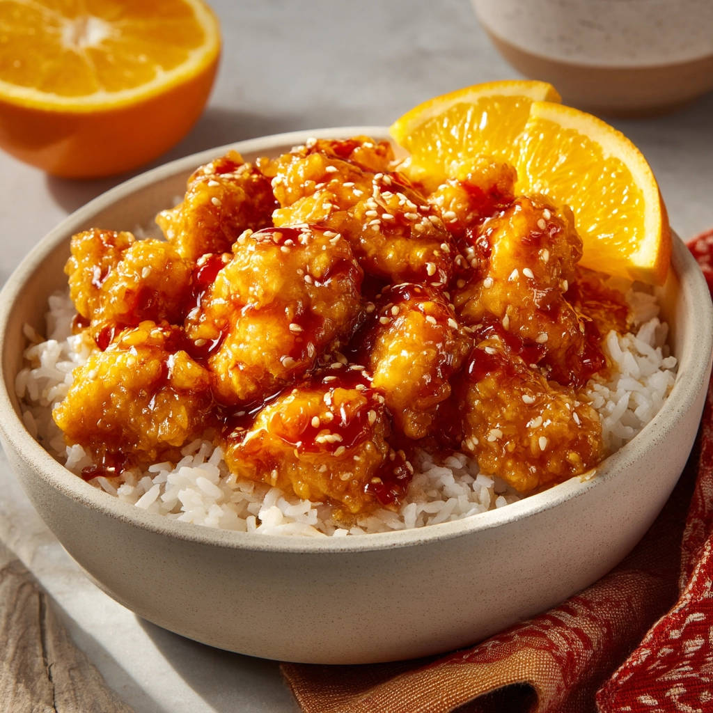 Crispy orange chicken served over white rice, garnished with sesame seeds and an orange slice.