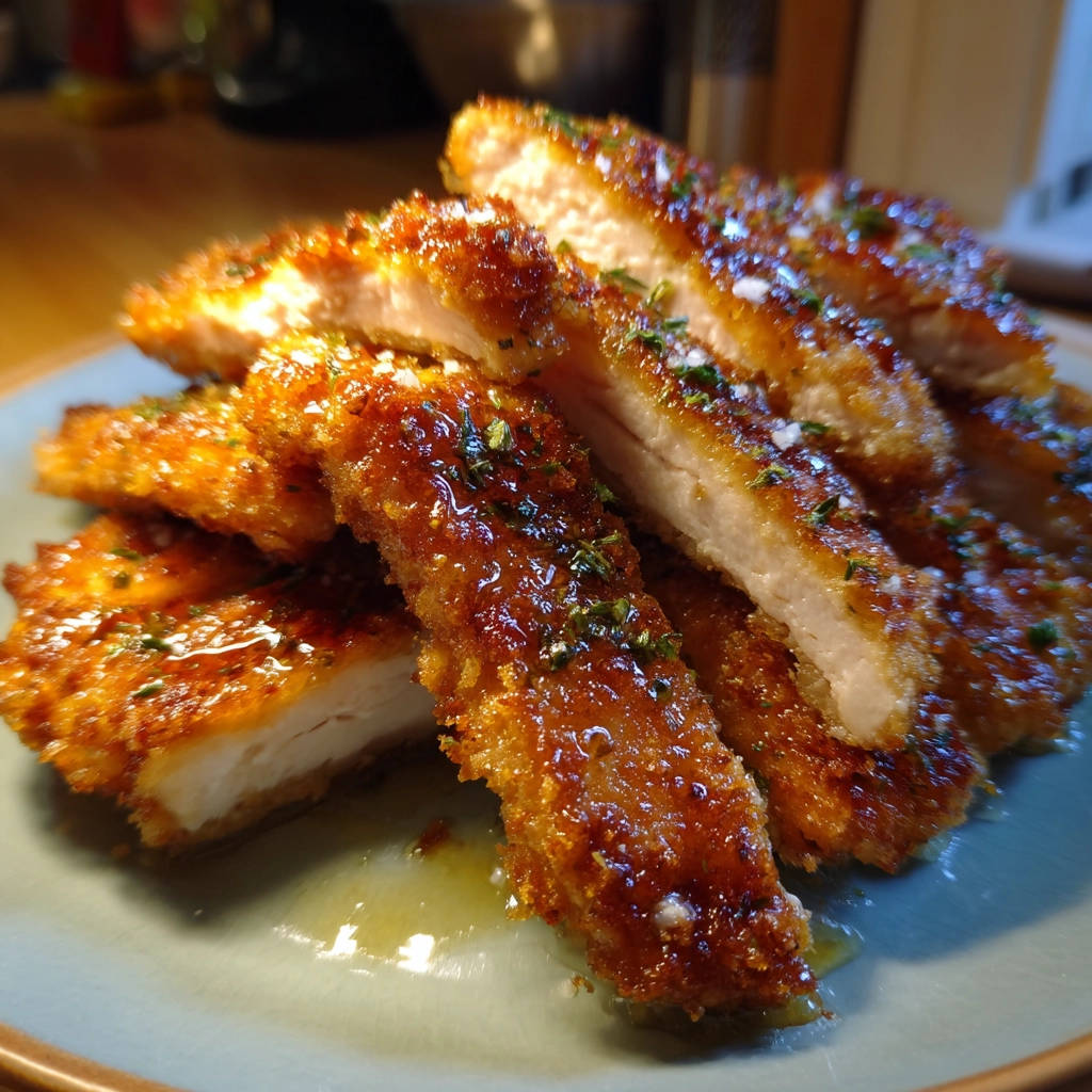 Crispy pan-fried chicken cutlets sliced to reveal a juicy interior and golden breading.