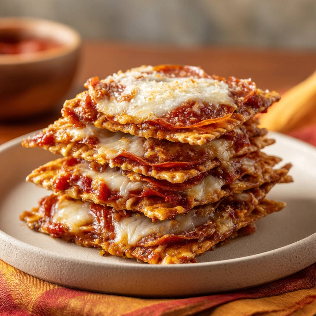 Crispy pizza bites stacked high on a plate, showcasing melted cheese and pepperoni toppings.