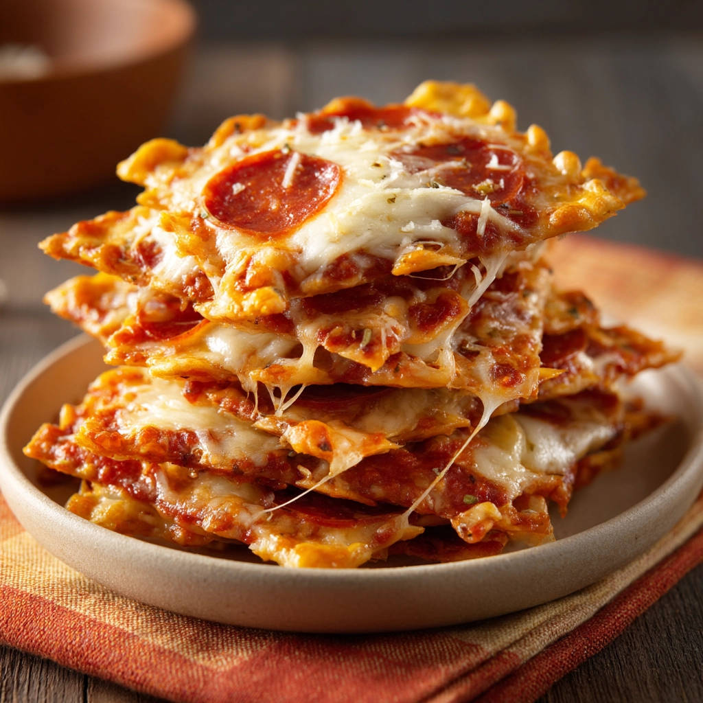 Crispy pizza bites stacked high on a plate, showcasing layers of melted cheese and pepperoni in a close-up view.