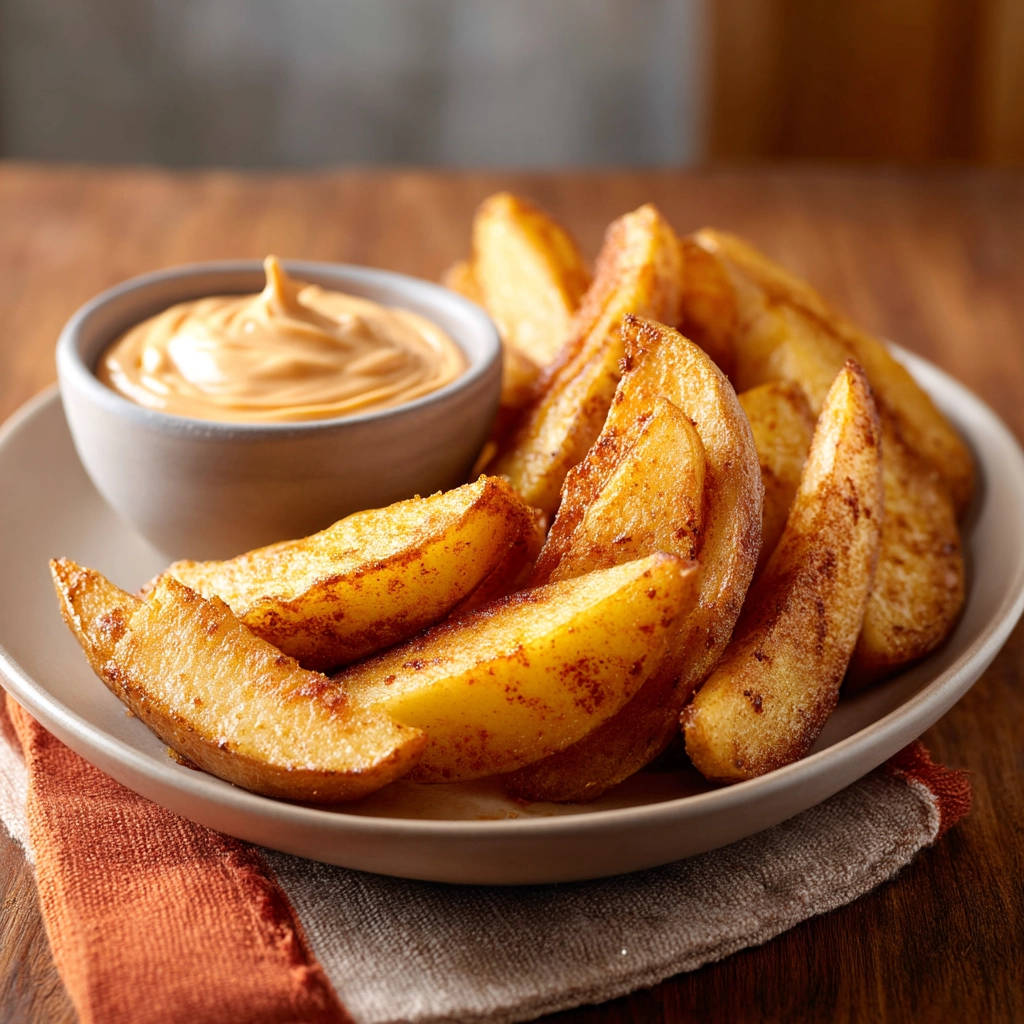 Crispy potato wedges served with a creamy dipping sauce on a plate, showcasing a side view of the texture.