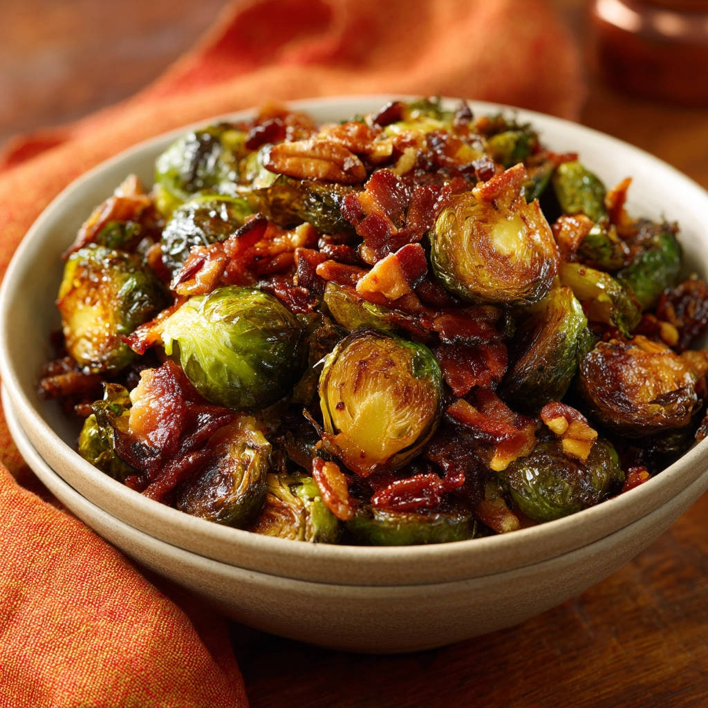 Crispy roasted Brussels sprouts with bacon and pecans in a bowl, close-up showing the texture and ingredients.