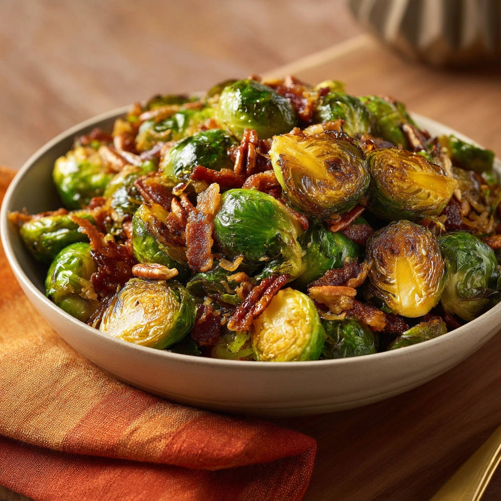 Crispy roasted Brussels sprouts with bacon and pecans, showing a close-up view of the halved vegetables and savory toppings.