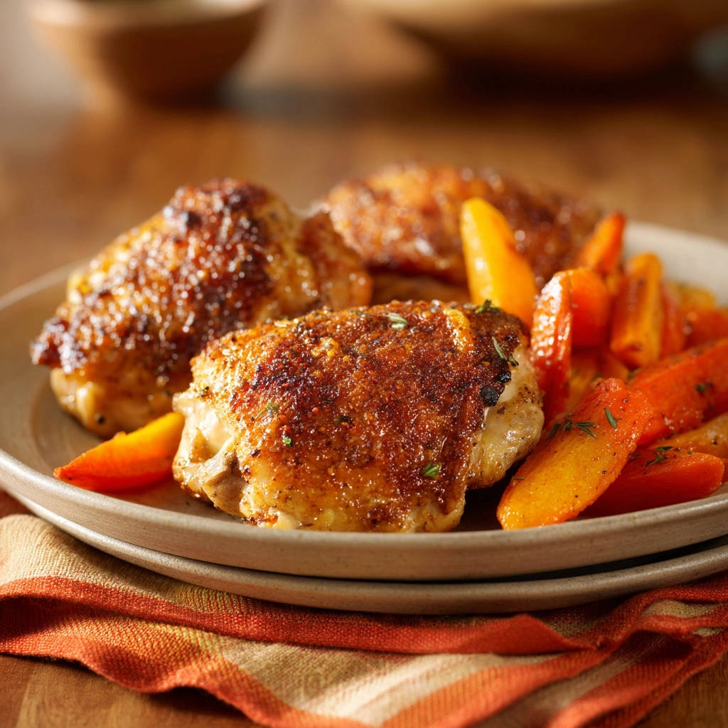Crispy skin juicy chicken thighs plated with roasted carrots, showcasing golden brown skin and tender meat.