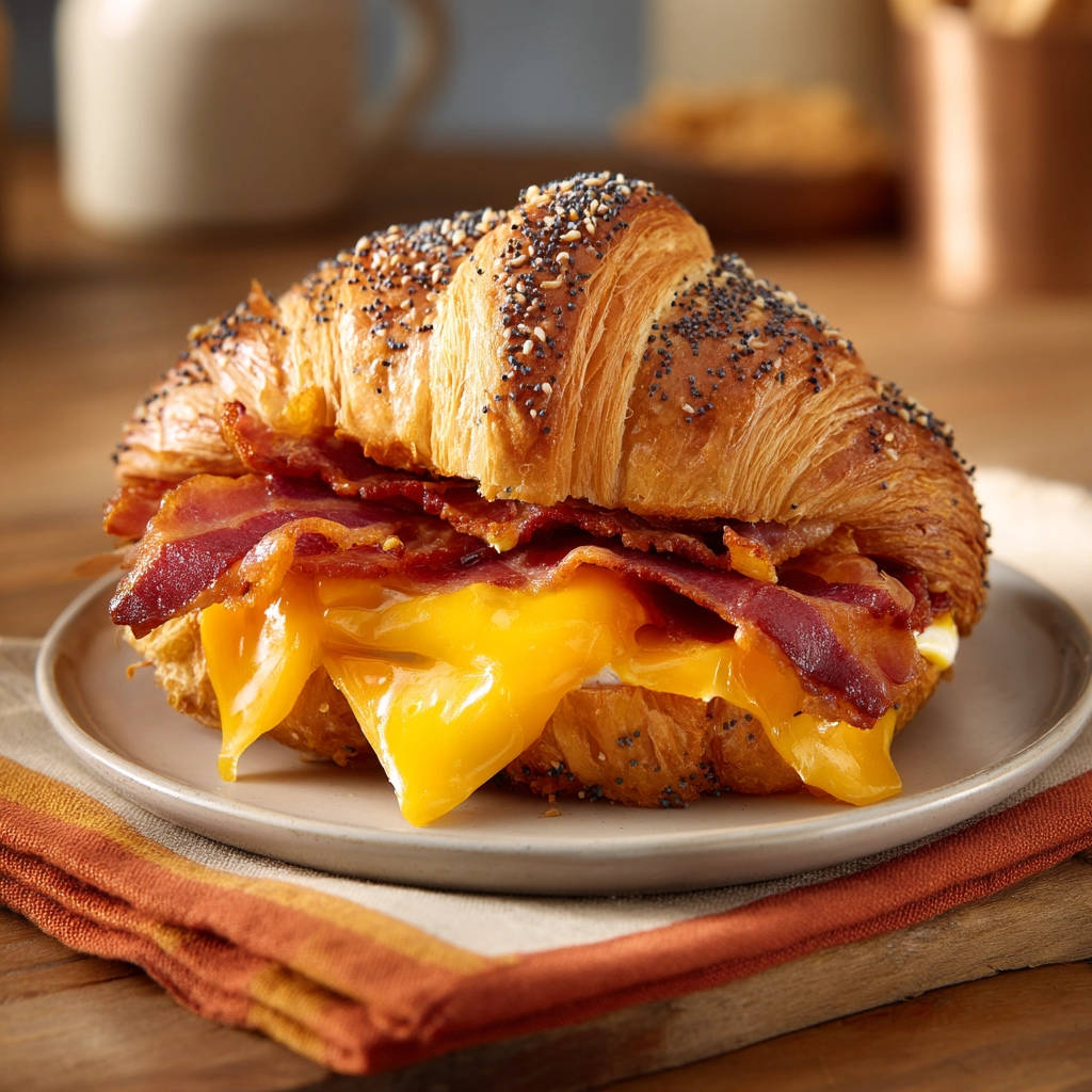 Croissant breakfast sandwich with melted cheddar cheese and bacon, a close-up view showing the gooey interior.