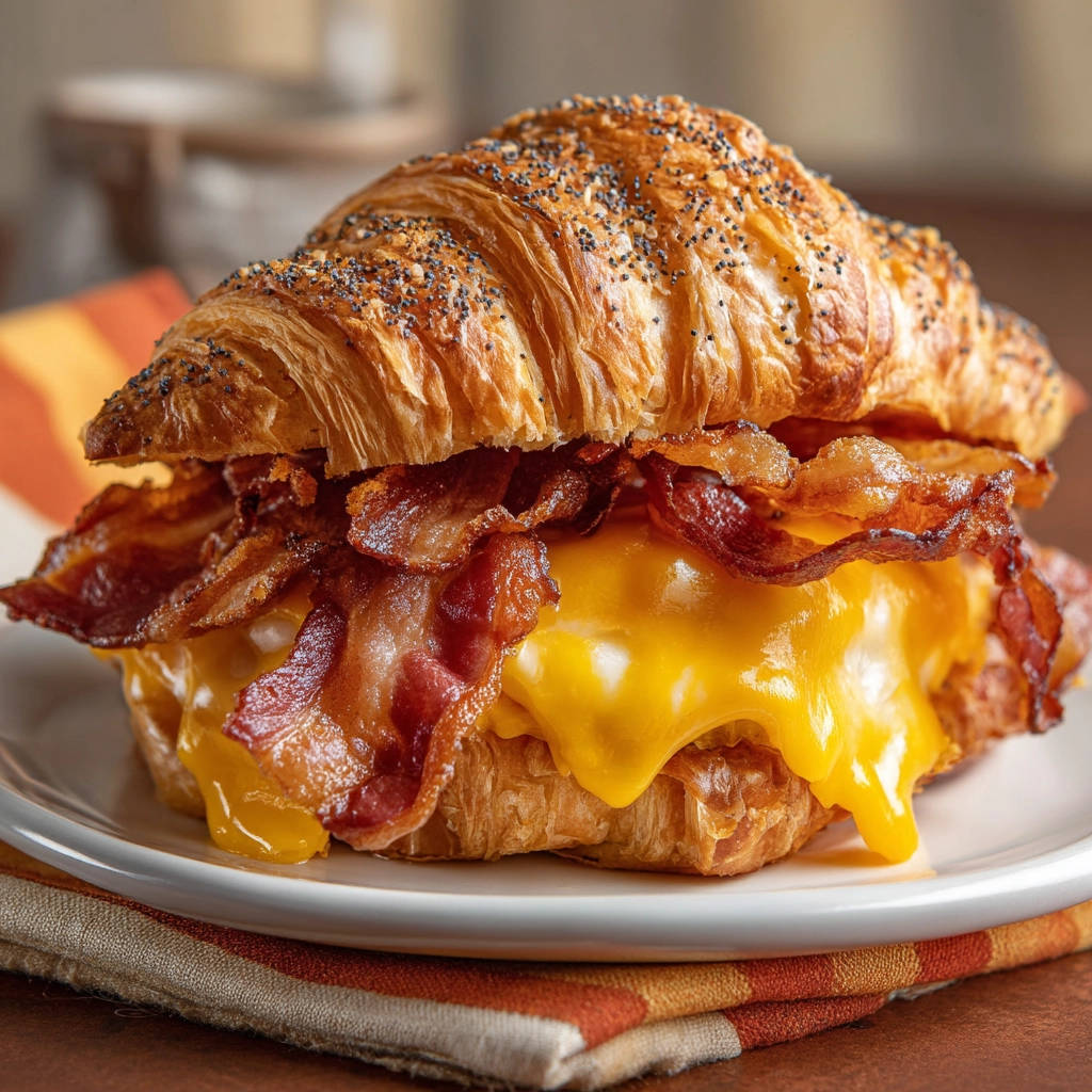 Croissant breakfast sandwich with melted cheese and crispy bacon served on a white plate.