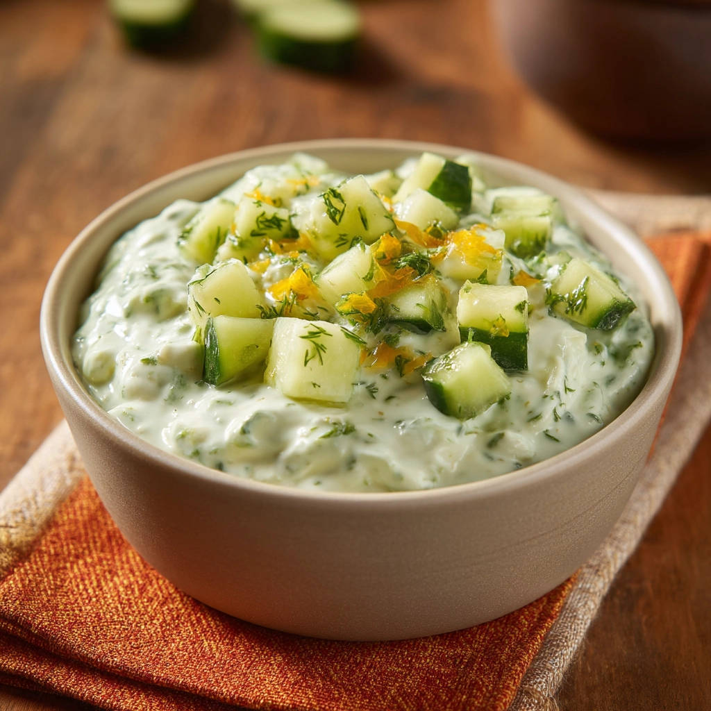 Cool cucumber dill dip in a bowl, generously garnished with fresh dill and cucumber pieces.