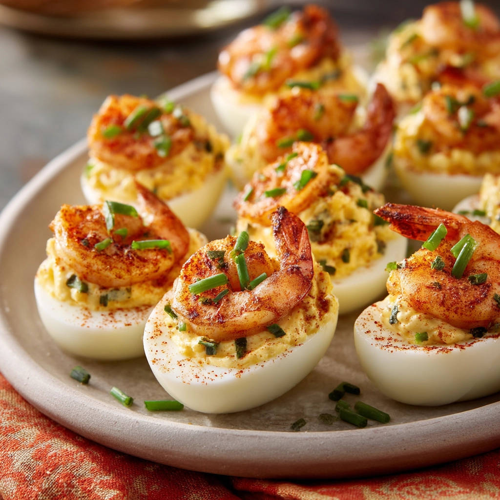 Deviled eggs with shrimp appetizer garnished with chives and paprika, shown in a close-up view.