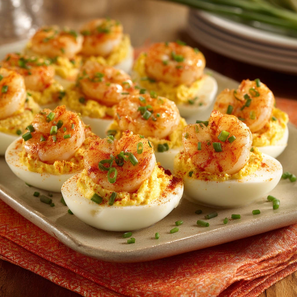 Deviled eggs with shrimp are artfully arranged on a platter, garnished with chives and paprika.