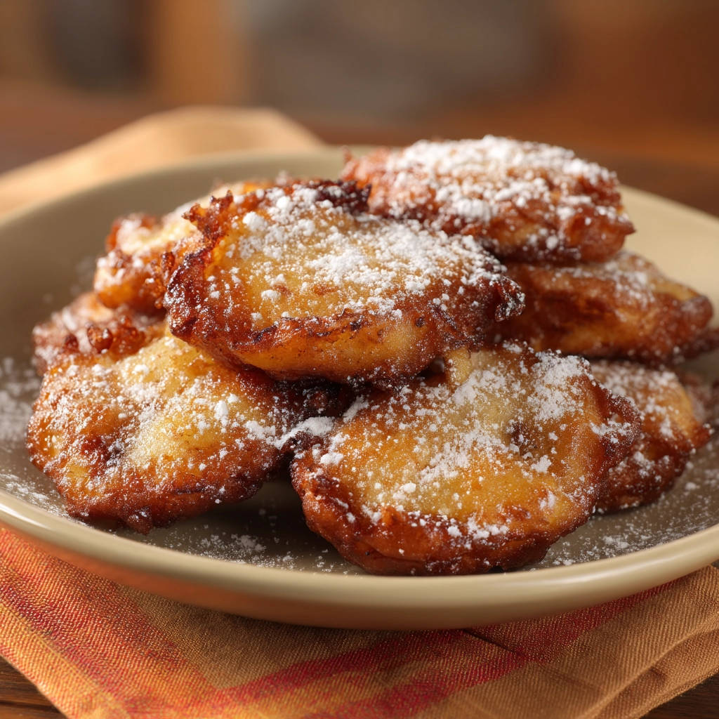 Easy apple fritters dusted with powdered sugar piled high on a plate, showcasing their golden-brown texture.
