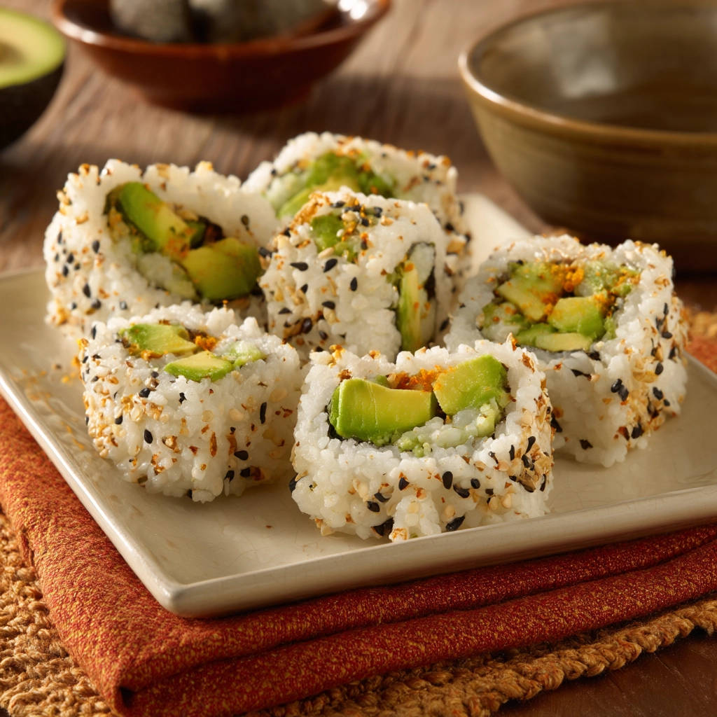 Easy avocado sushi rolls cut open to reveal a cross-section of fresh avocado and rice.