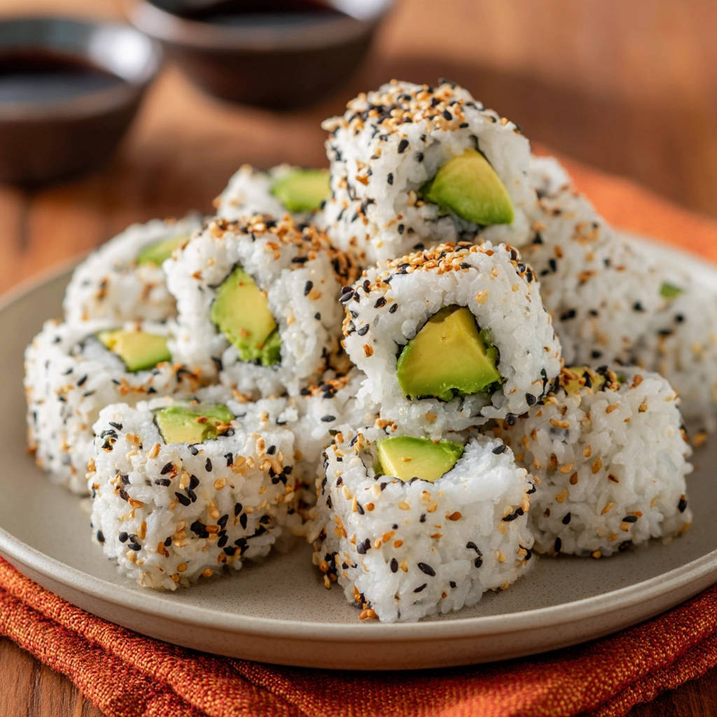 Easy avocado sushi rolls with sesame seeds are stacked on a plate, showcasing their fresh green interior.
