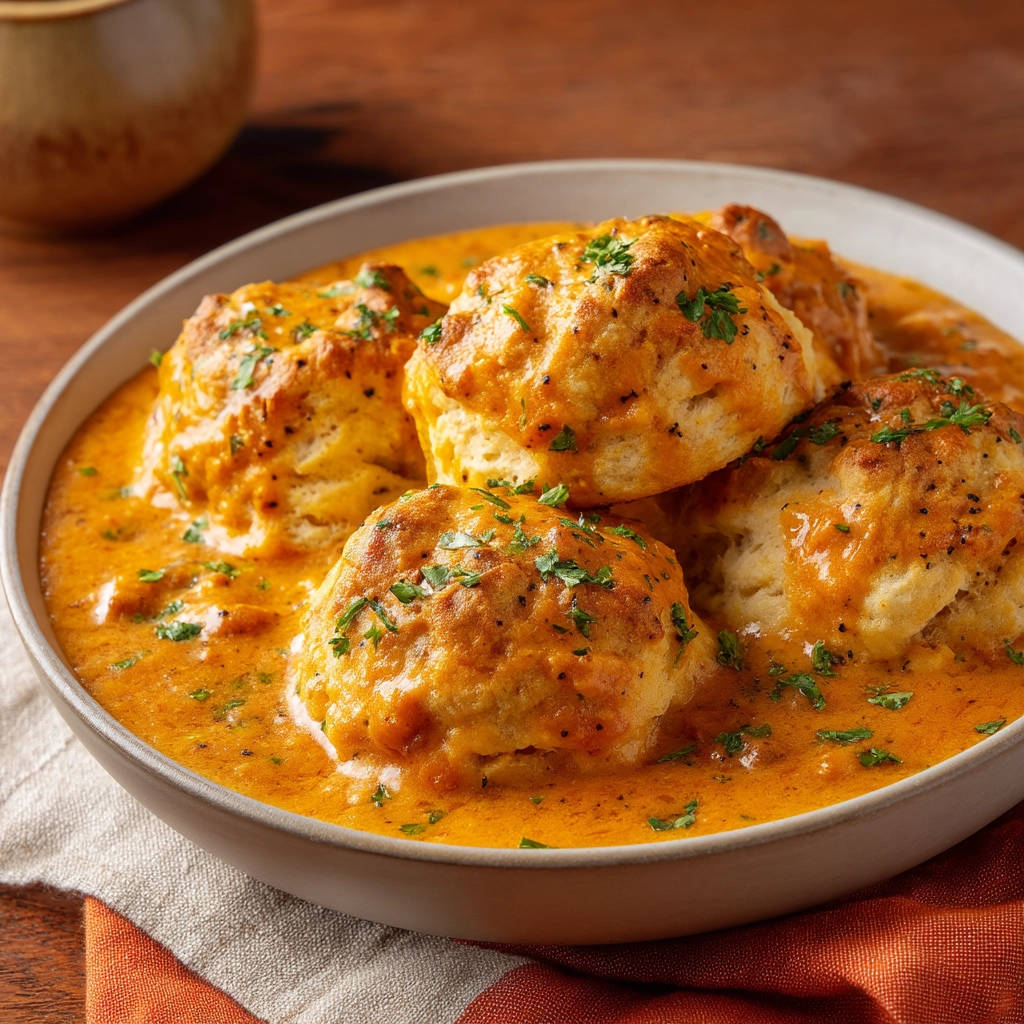 Easy biscuits and gravy served in a bowl, featuring fluffy biscuits swimming in creamy orange gravy and garnished with parsley.