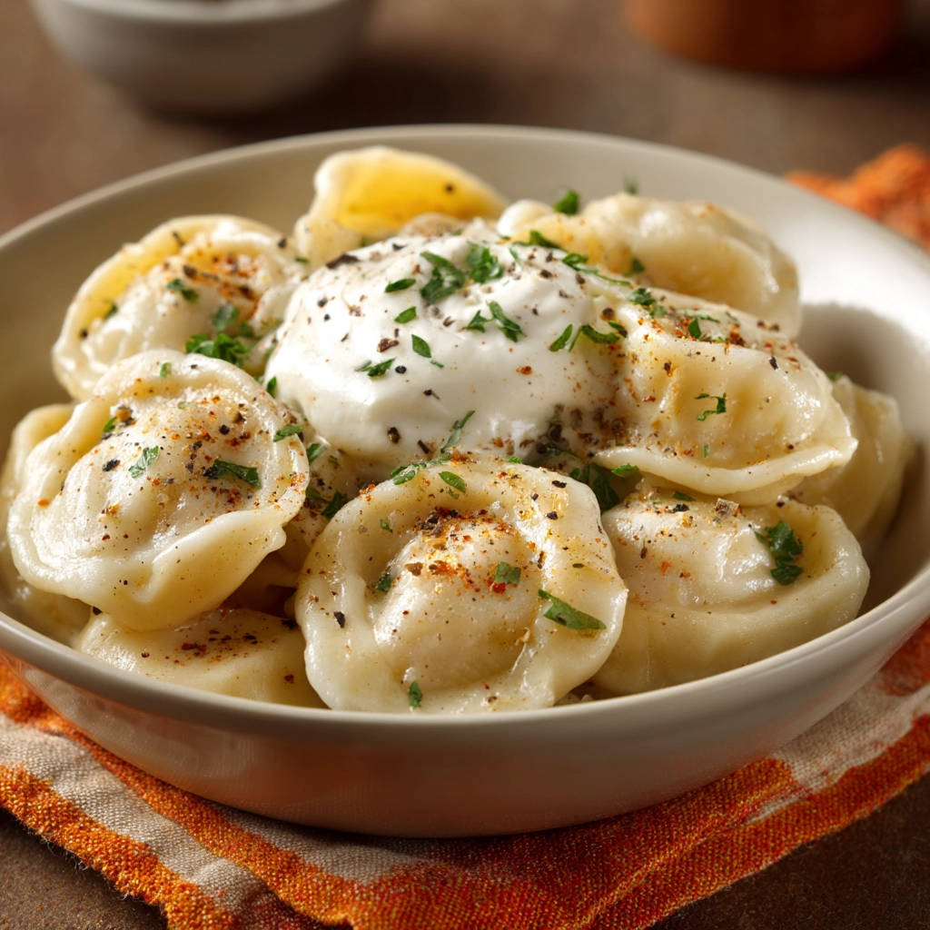 Easy boiled dumplings topped with sour cream and fresh parsley garnish in a white bowl.