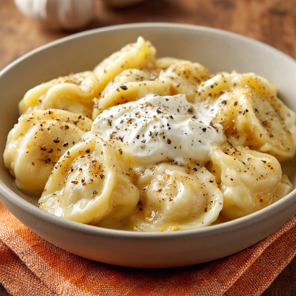 Easy boiled dumplings topped with a dollop of sour cream and sprinkled with pepper.