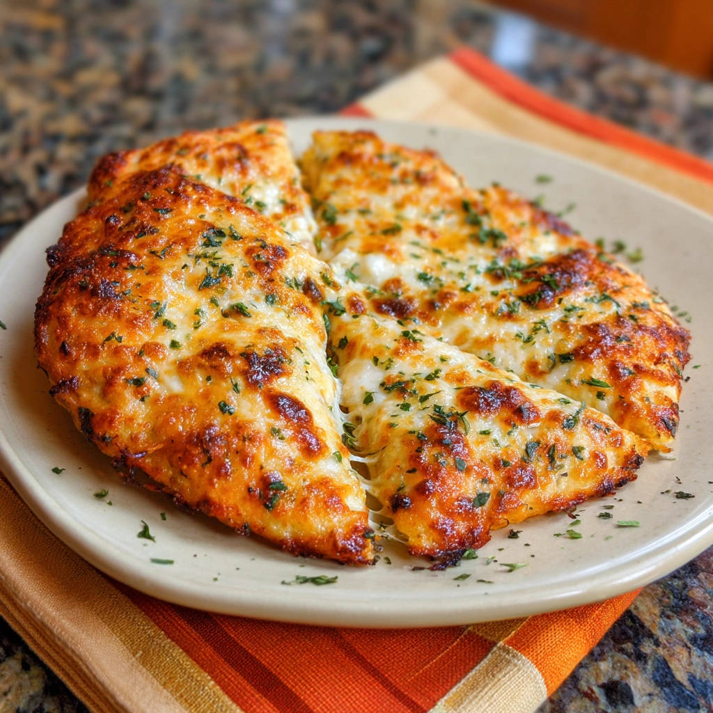 Easy cheesy herb bread sliced on a plate, showing golden-brown crust and melted cheese.