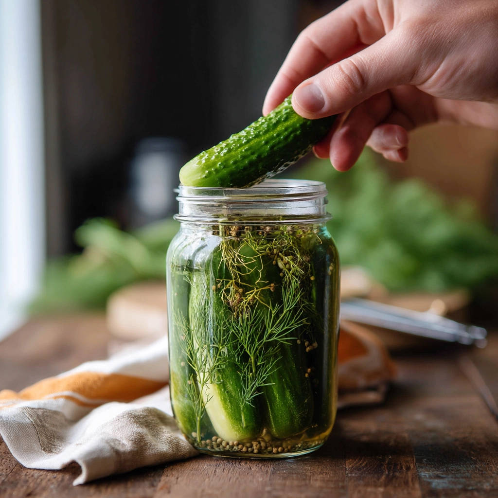 Easy homemade dill pickles being prepared by adding a fresh cucumber to a glass jar filled with brine and dill.