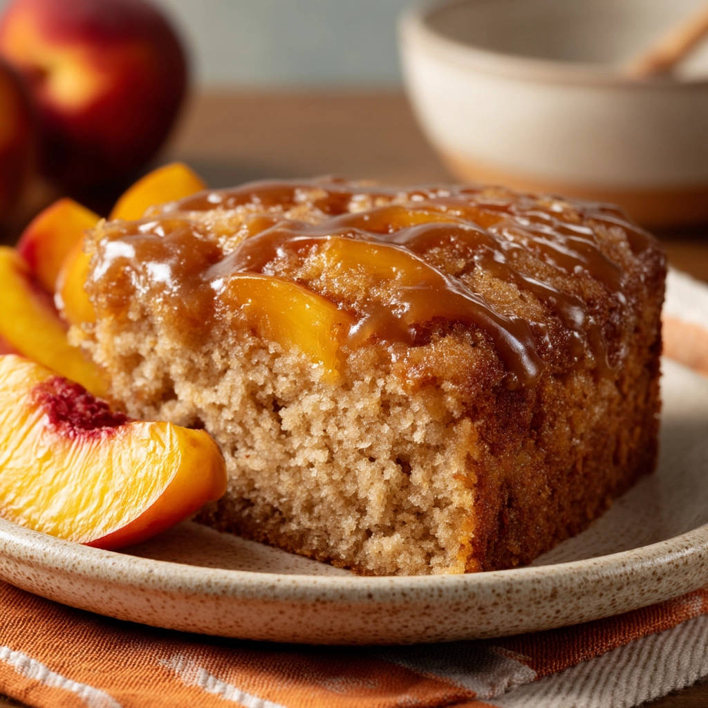 Easy fluffy peach cake recipe, a slice of cake topped with glistening caramel and fresh peach slices on the side.