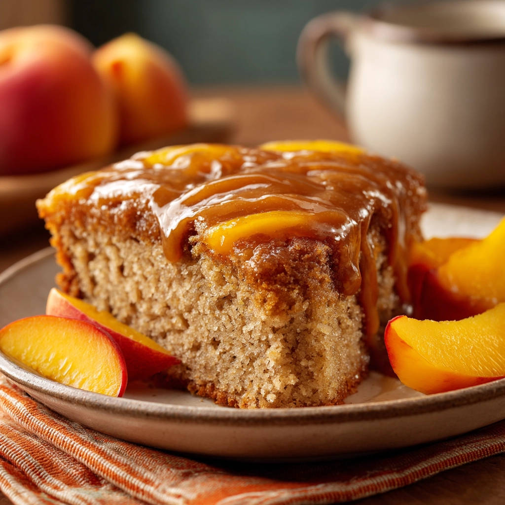 Easy fluffy peach cake recipe shown as a single slice with glistening peach glaze and fresh peach slices on a plate.