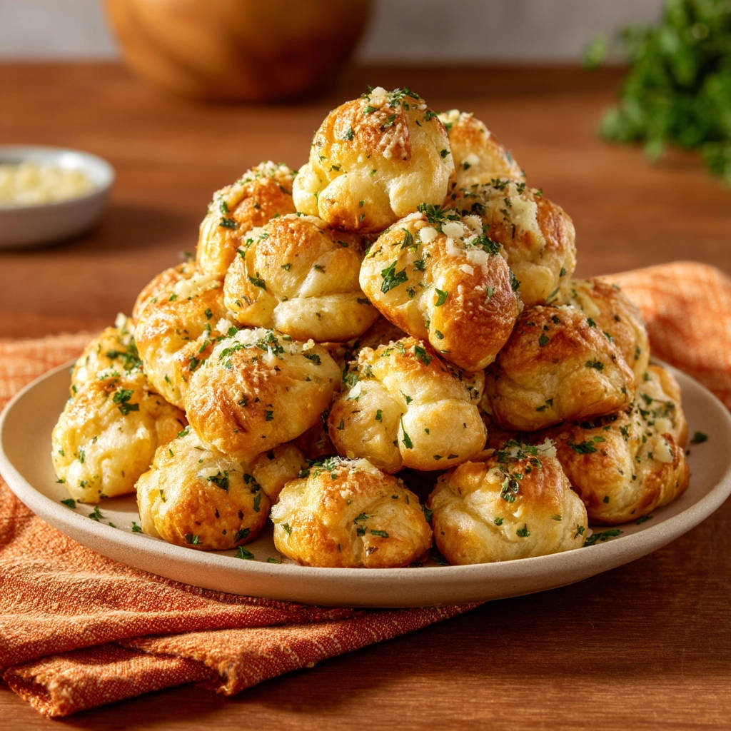 Easy garlic knots piled high on a plate, sprinkled with fresh parsley and grated cheese.