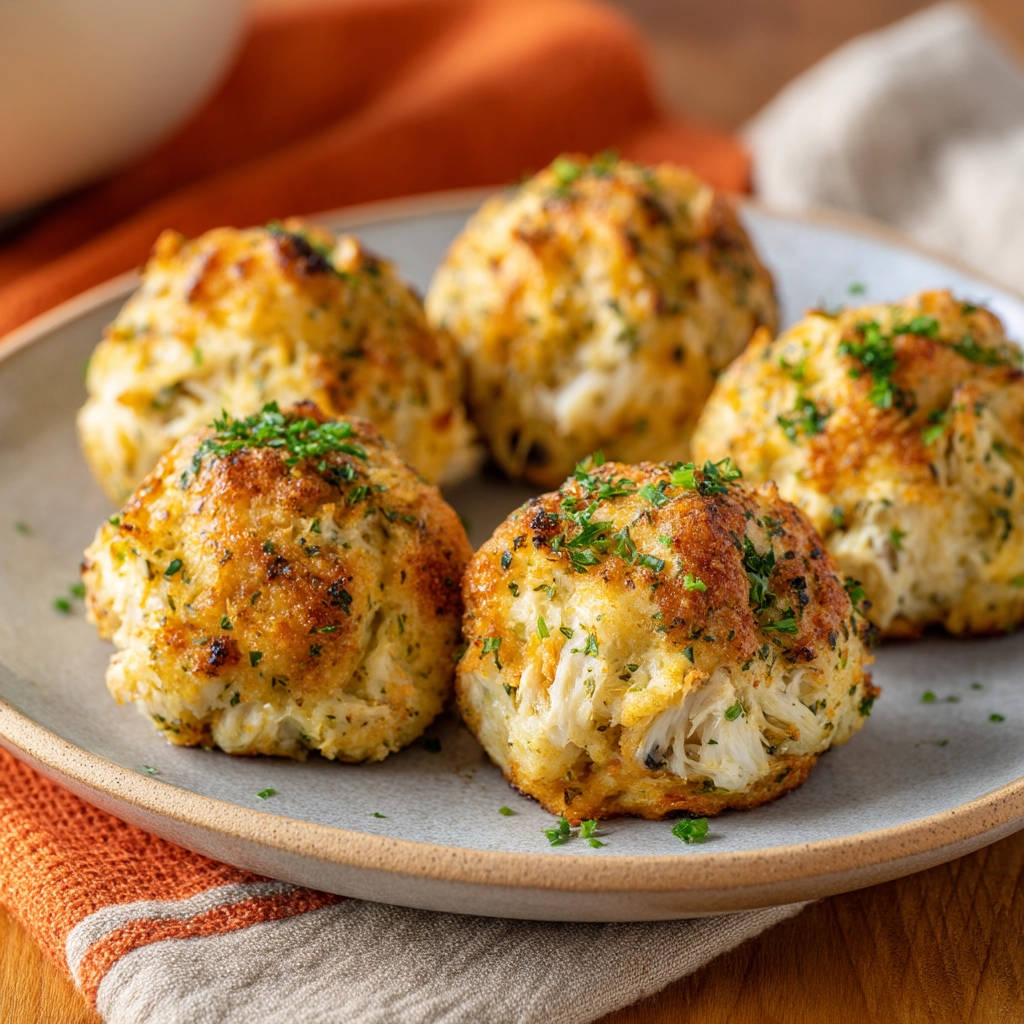 Easy homemade crab cakes plated on a grey dish, showcasing five golden-brown crab cakes garnished with fresh parsley.