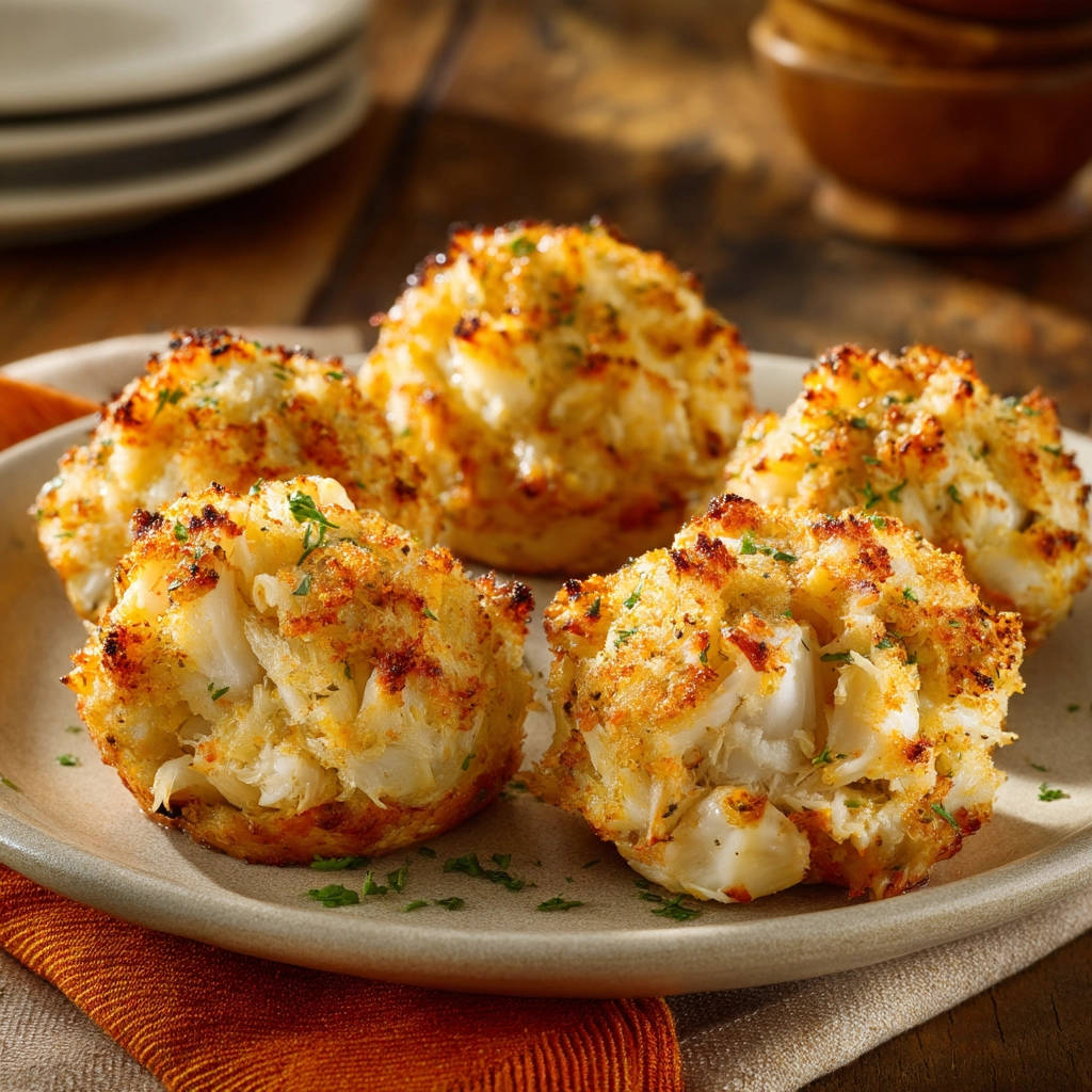 Easy homemade crab cakes plated on a light grey dish with a close-up view of their textured exterior.