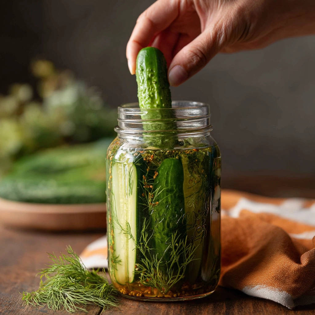 Easy homemade dill pickles with a hand adding a pickle to a glass jar filled with brine and dill.