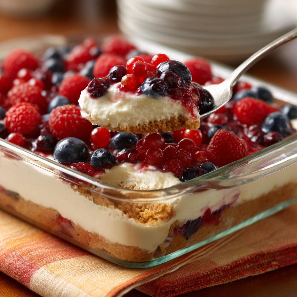 Easy no-bake berry cheesecake bars with a slice being lifted on a spoon, showing the creamy layers and fresh fruit topping.