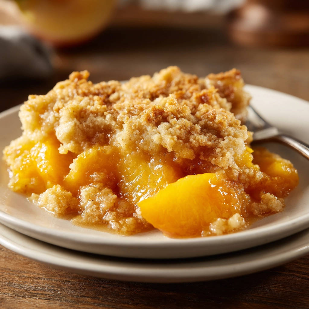 Easy Peach Crumble served on a white plate, showing a close-up of the crumb topping and juicy peach filling.