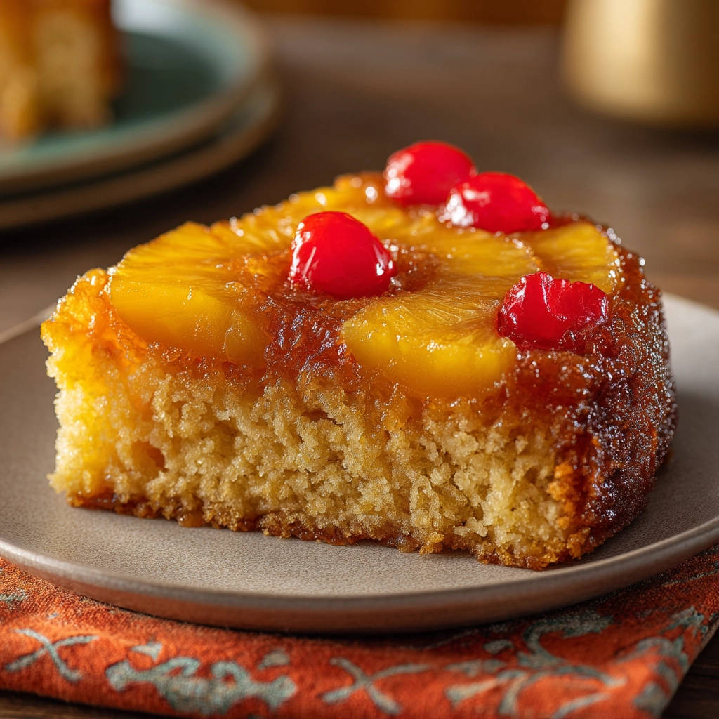Easy classic pineapple upside down cake served as a slice on a plate with cherries and pineapple topping.