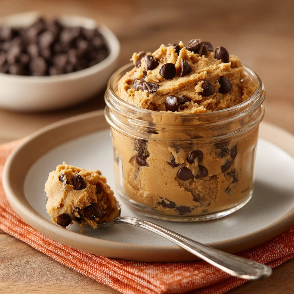 Edible chocolate chip cookie dough served in a jar with a spoonful on a plate, featuring chocolate chips throughout.