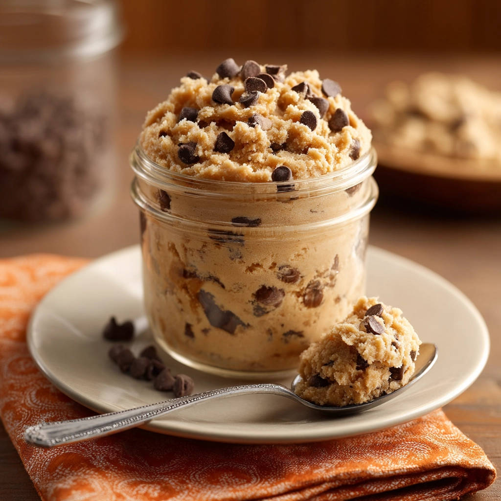 Edible chocolate chip cookie dough served in a glass jar with a spoonful on a plate.