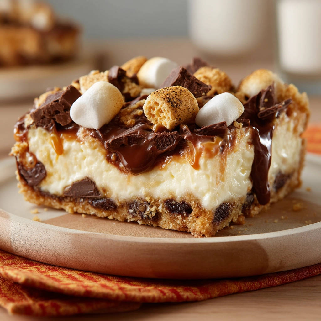 Epic S'mores Bars cross-section showing a rich cheesecake filling and gooey topping with marshmallows and chocolate.