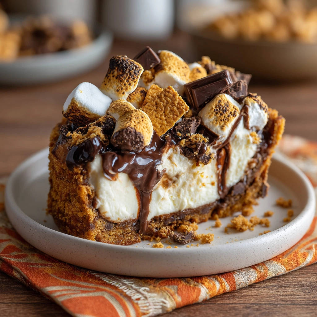 Epic S'mores Bars cheesecake cross-section with toasted marshmallows and chocolate ganache drizzle.
