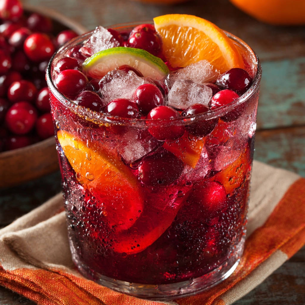 Festive Cranberry Citrus Sparkler served in a glass with ice, cranberries, and orange and lime slices.