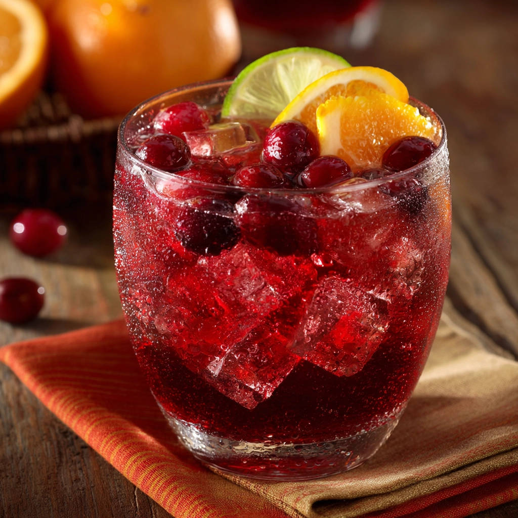 Festive cranberry citrus sparkler garnished with fresh cranberries, orange, and lime slices in a glass.