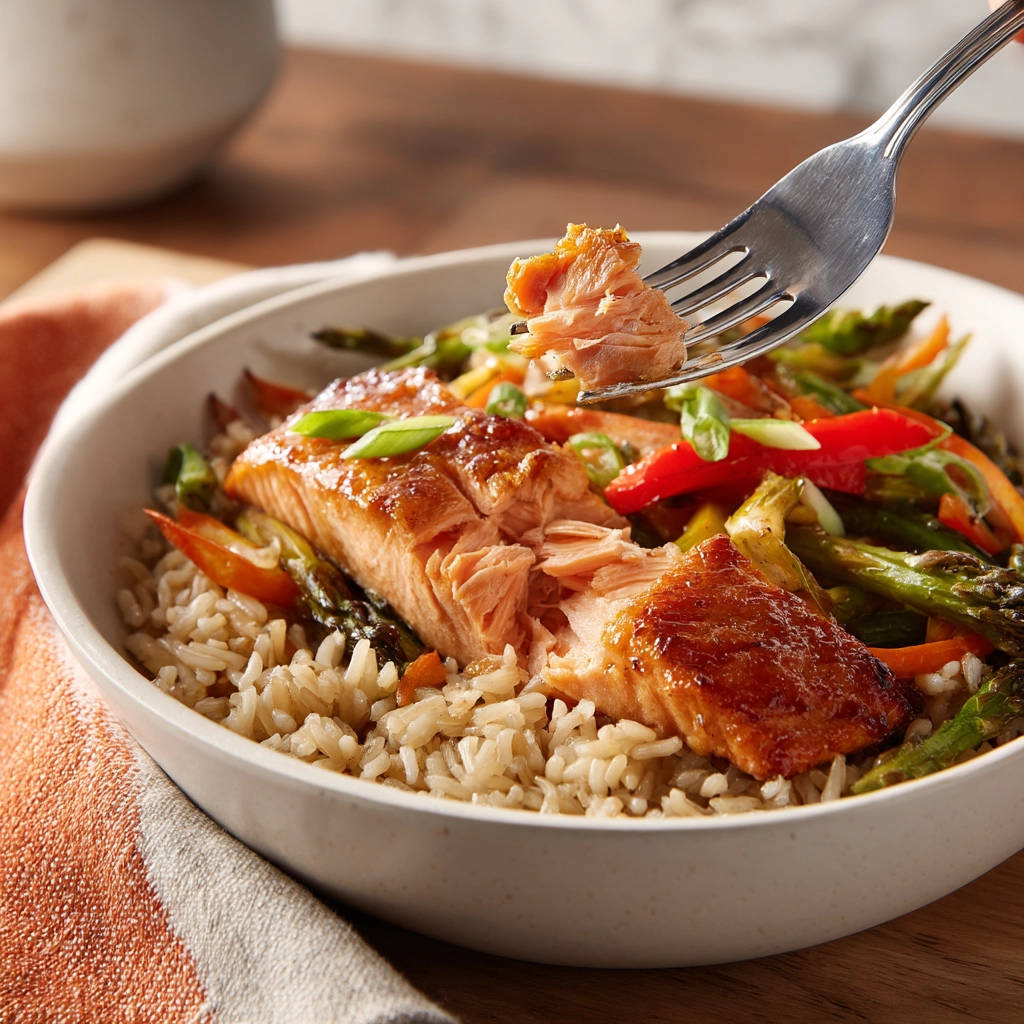 Flaky glazed salmon dinner shown with a fork lifting a piece, revealing its tender texture.