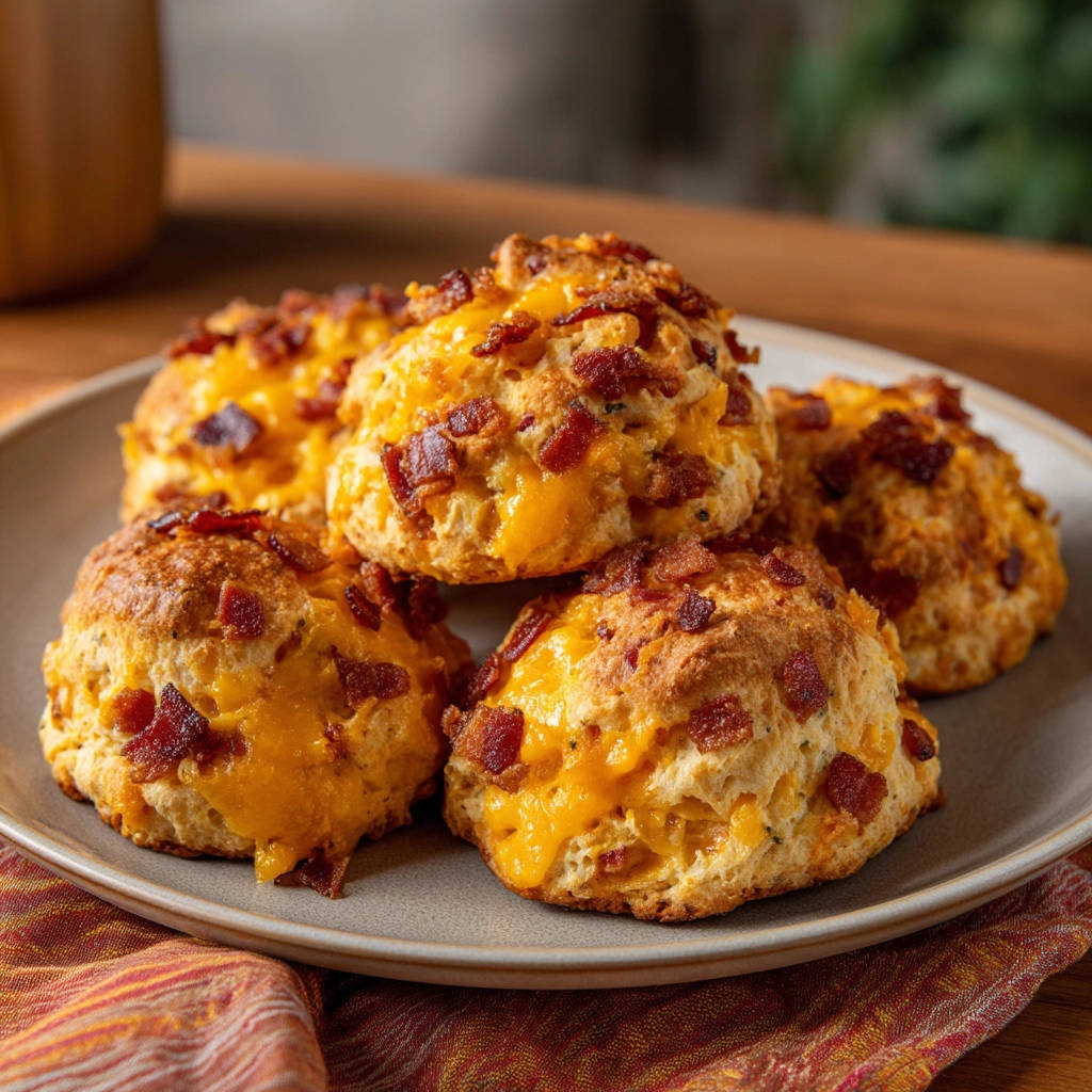 Fluffy bacon cheddar biscuits piled high on a plate, showing their cheesy, bacon-topped texture.