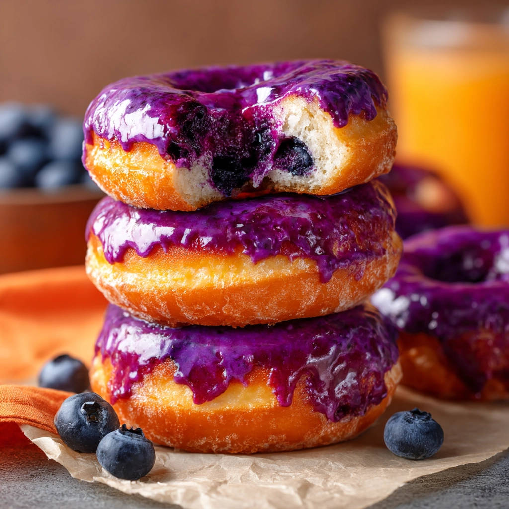 Fluffy blueberry donuts stacked high with a bite taken out of the top one, showing the blueberry filling.