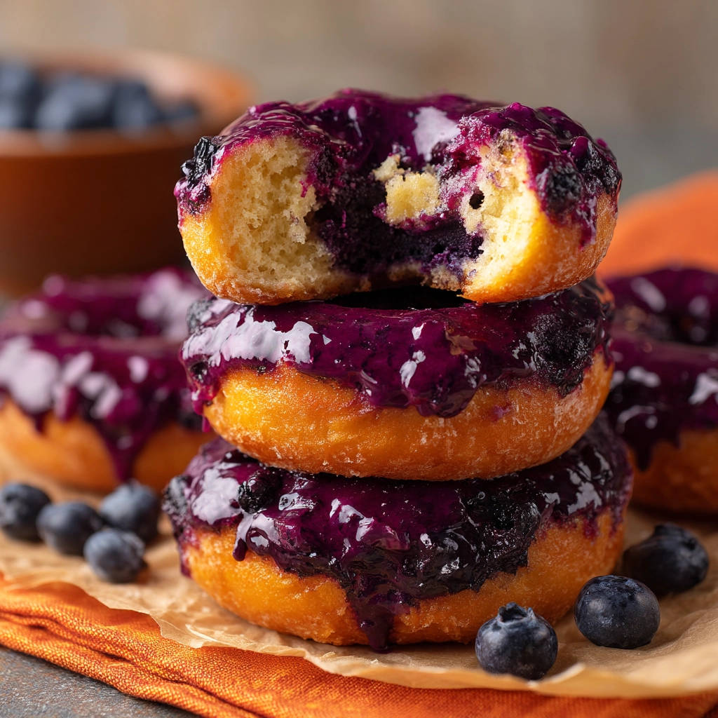 Fluffy blueberry donuts recipe, a stack of three donuts with the top one showing a cross-section of the blueberry filling.