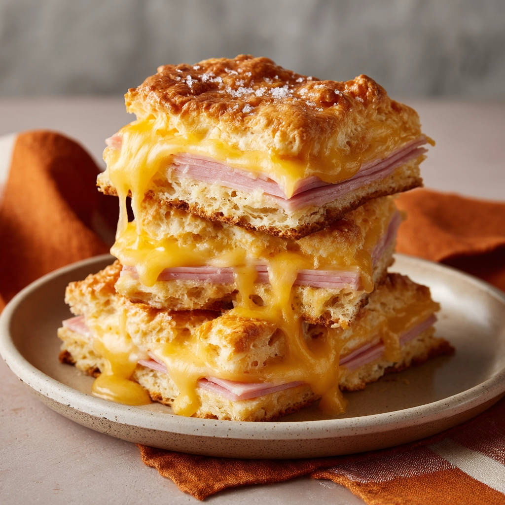 Fluffy ham and cheese biscuits stacked high with gooey melted cheddar cheese dripping down the sides.